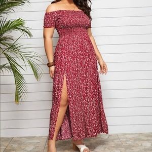SHEIN plus size red floral maxi off the shoulder dress